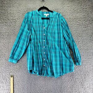 Woman Within Top Womens 1X 22/24 Teal Green Plaid Button-Front Blouse